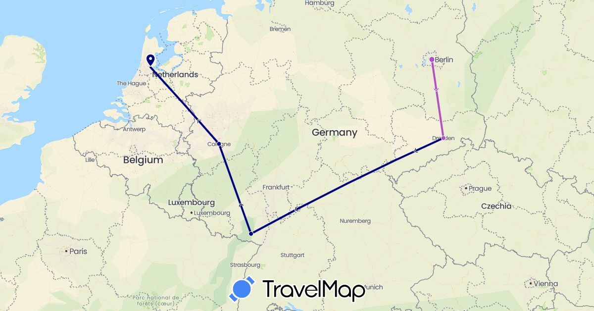 TravelMap itinerary: driving, train in Germany, Netherlands (Europe)